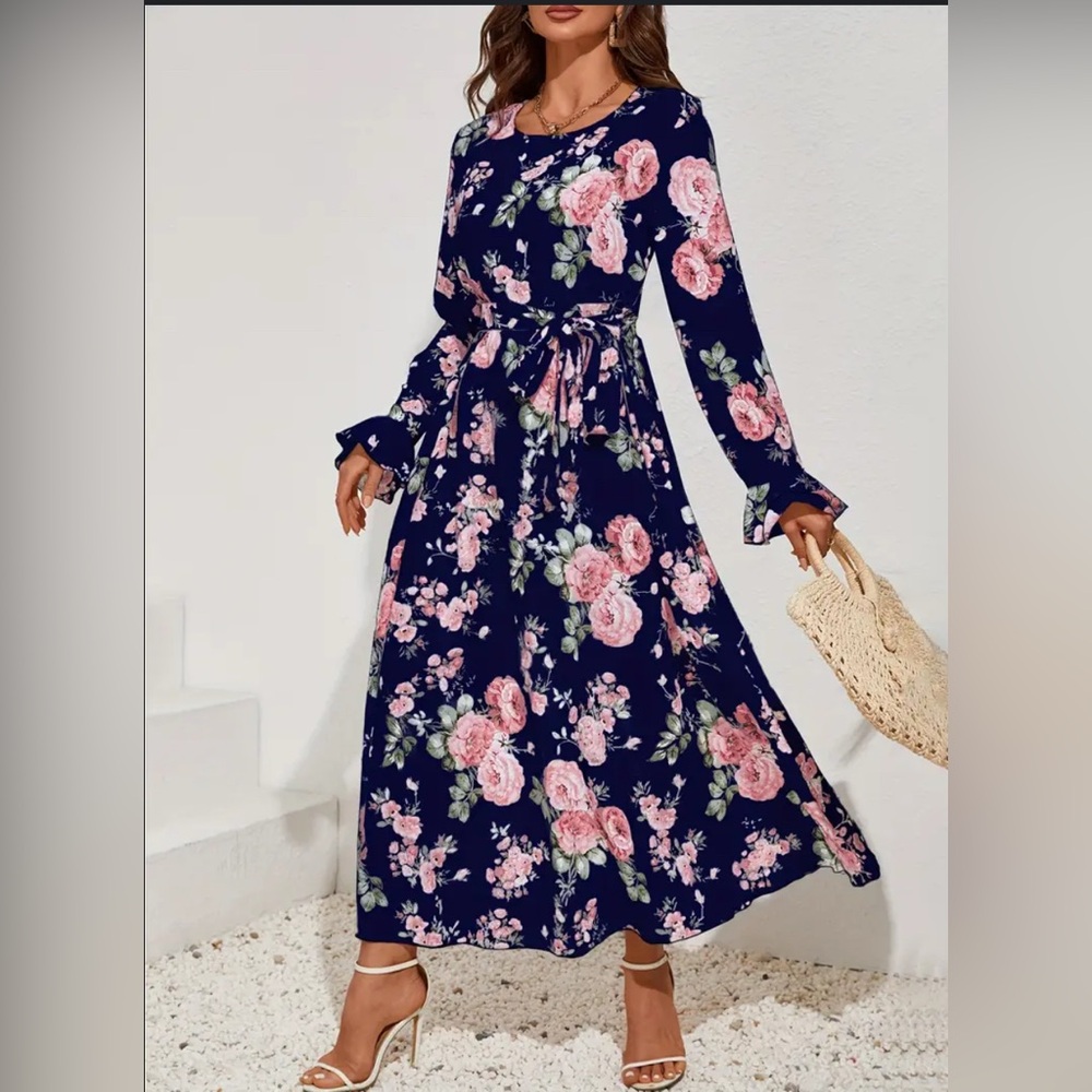 Long Sleeve Navy Floral Maxi Dress with Pink Roses